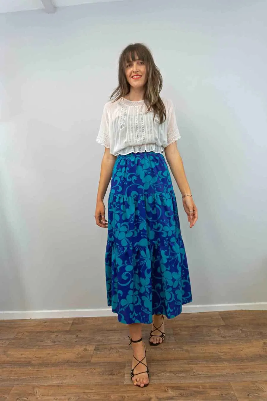 70s Tiered Blue Floral Maxi Skirt