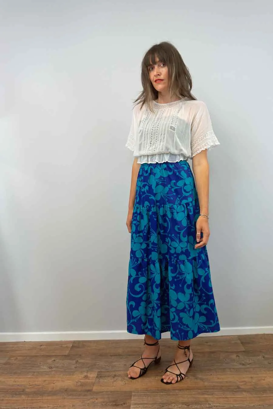 70s Tiered Blue Floral Maxi Skirt
