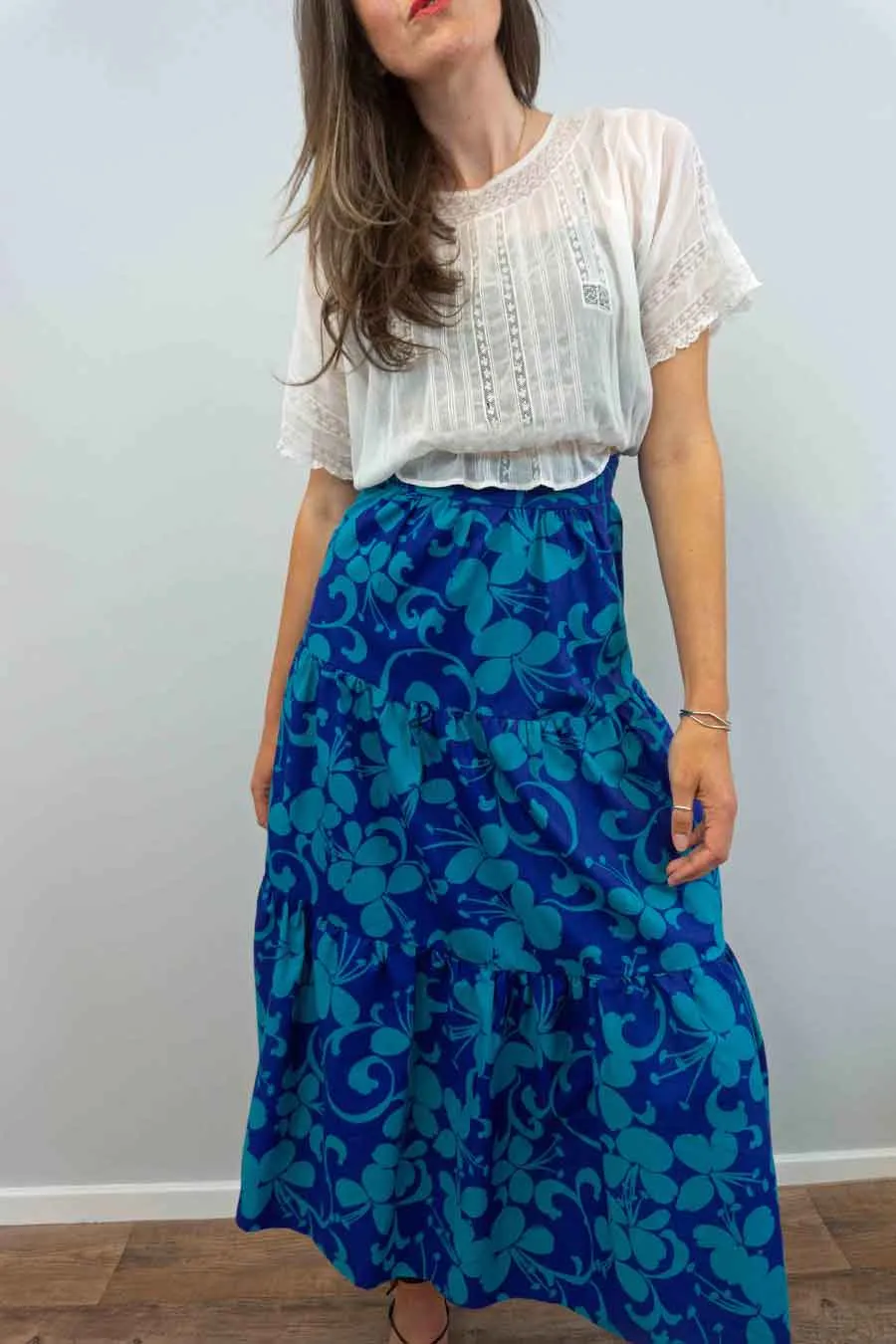70s Tiered Blue Floral Maxi Skirt