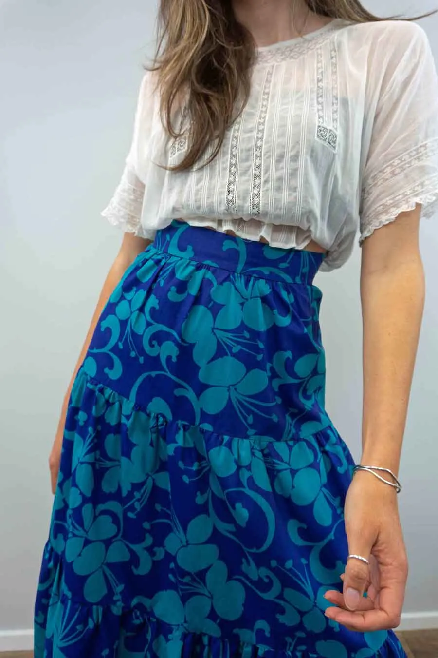 70s Tiered Blue Floral Maxi Skirt