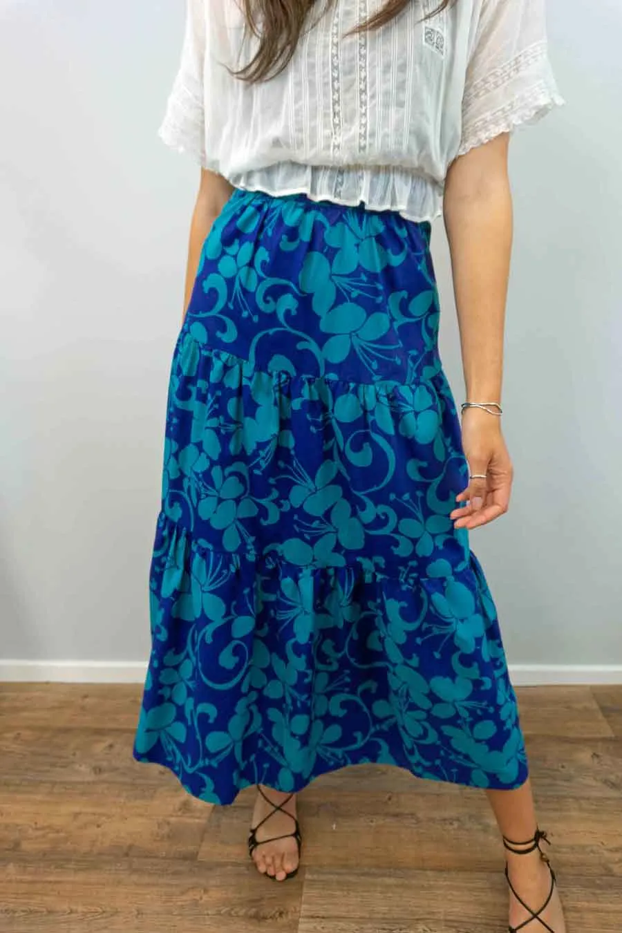 70s Tiered Blue Floral Maxi Skirt