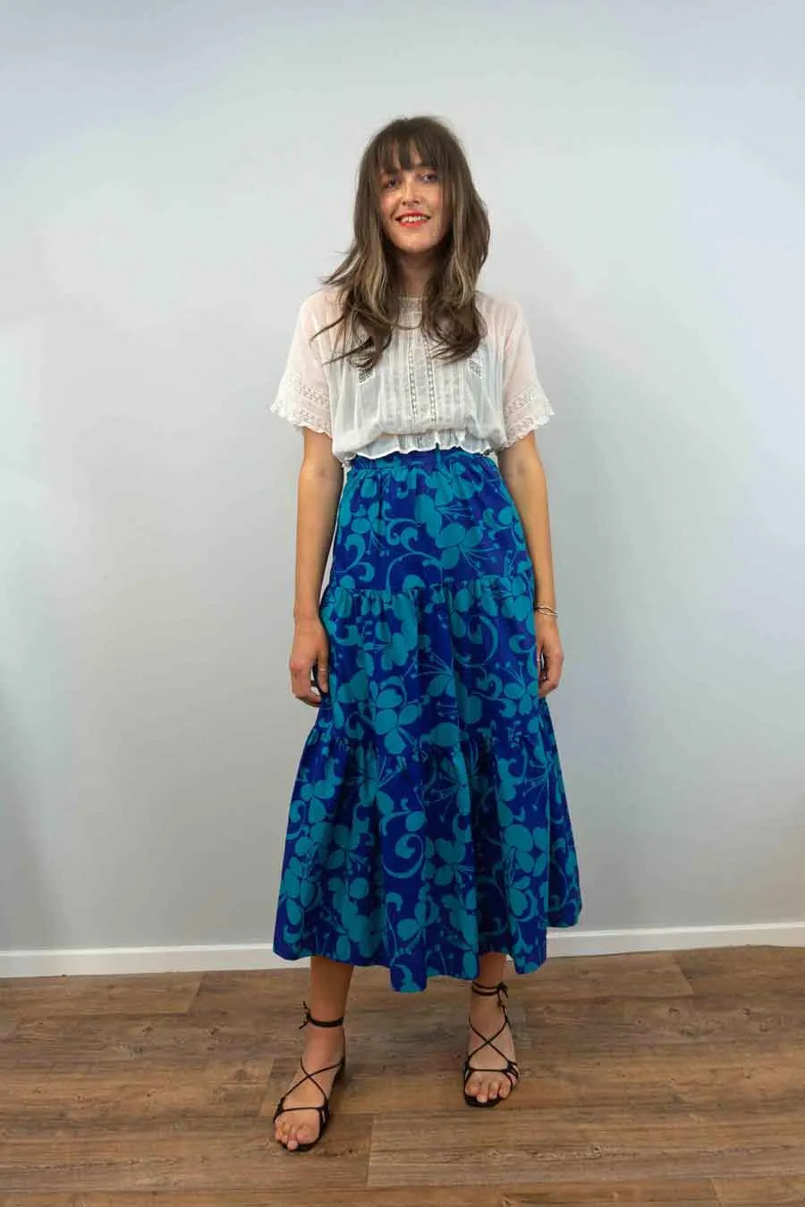 70s Tiered Blue Floral Maxi Skirt