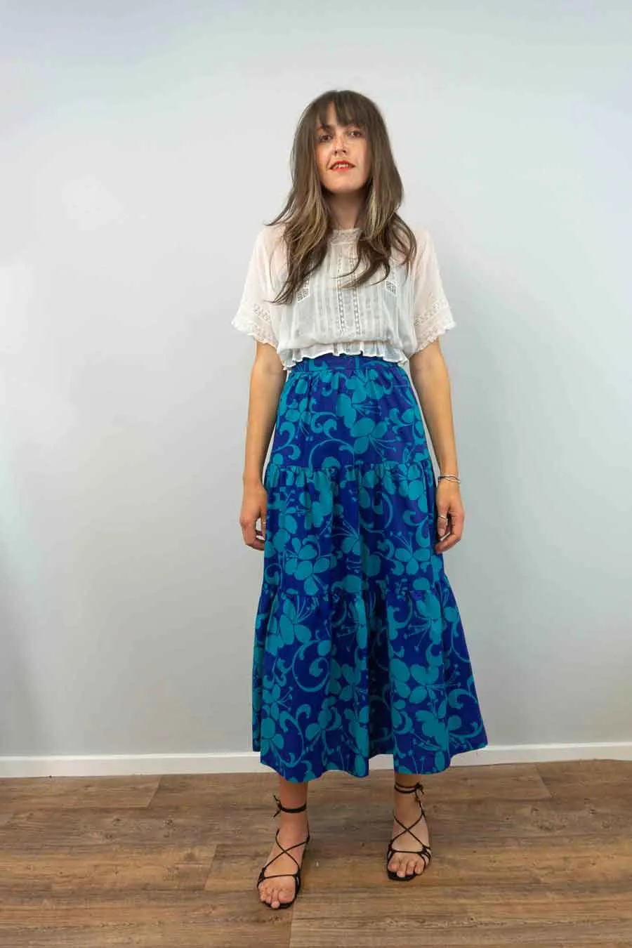 70s Tiered Blue Floral Maxi Skirt