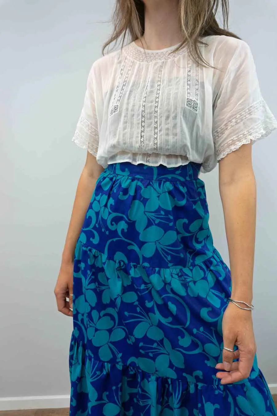 70s Tiered Blue Floral Maxi Skirt