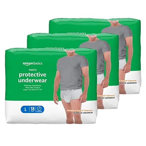 Amazon Basics Incontinence Underwear for Men, Maximum Absorbency, Large, 54 Count, 3 Packs of 18 (Previously Solimo)
