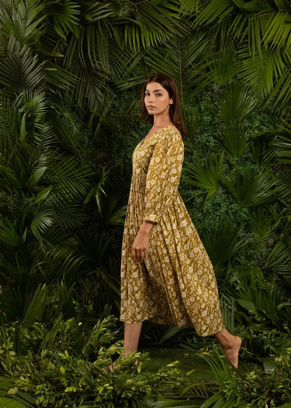 Army Green Body Wrap Gathered Dress