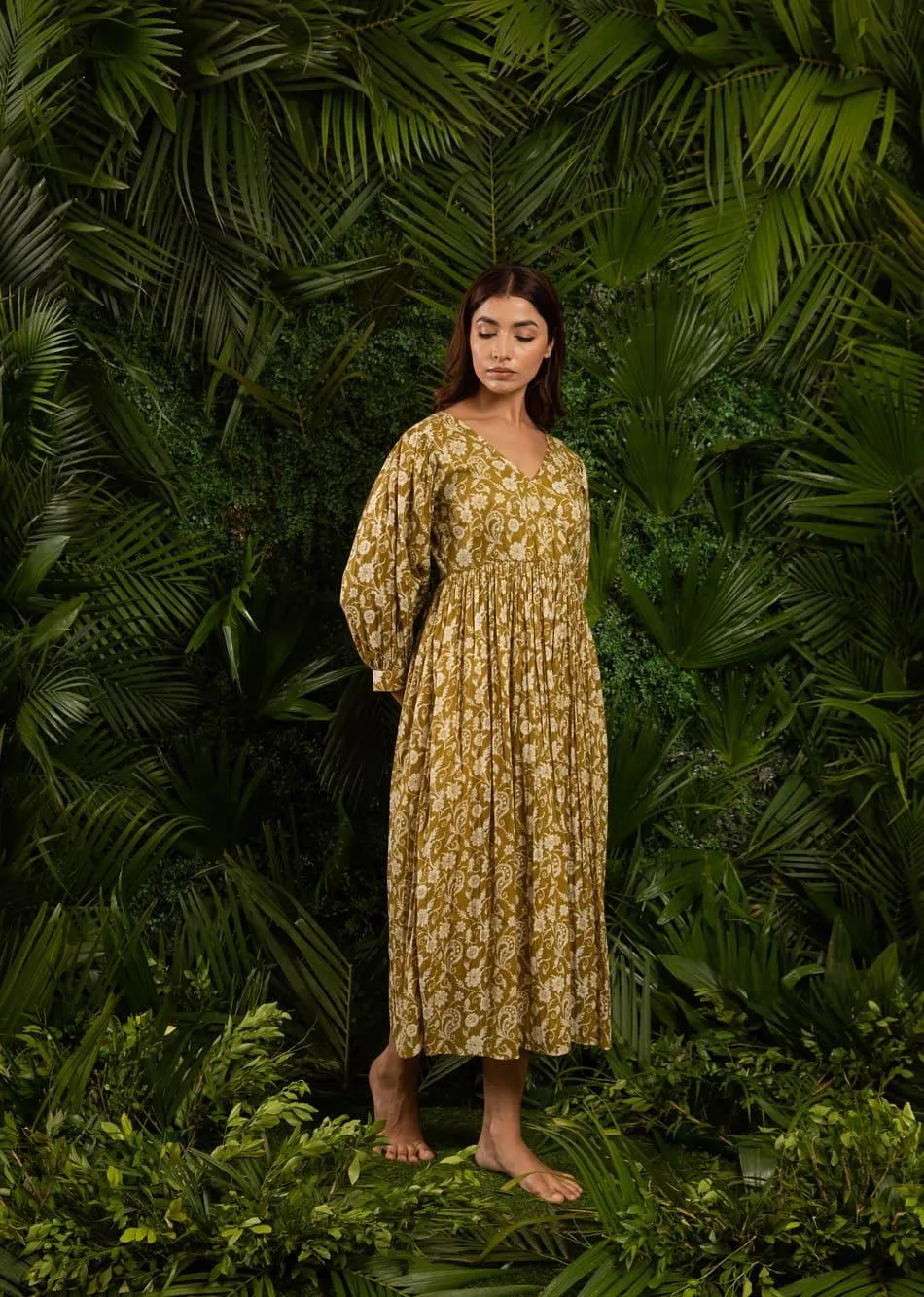 Army Green Body Wrap Gathered Dress