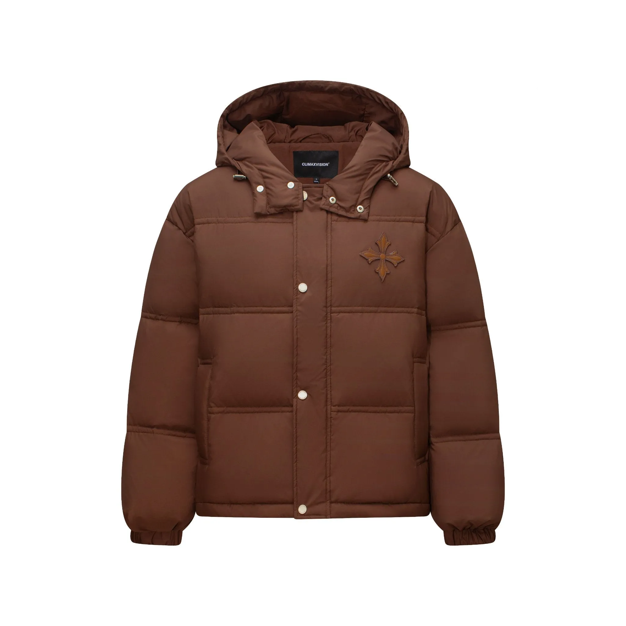 Brown Embroidered Hooded Warm Puffer Jacket