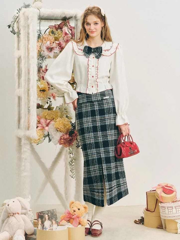 Checked I-Line Slit Mid-Length Skirt & Ribbon