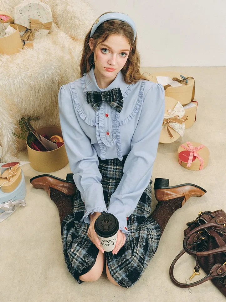 Checked I-Line Slit Mid-Length Skirt & Ribbon