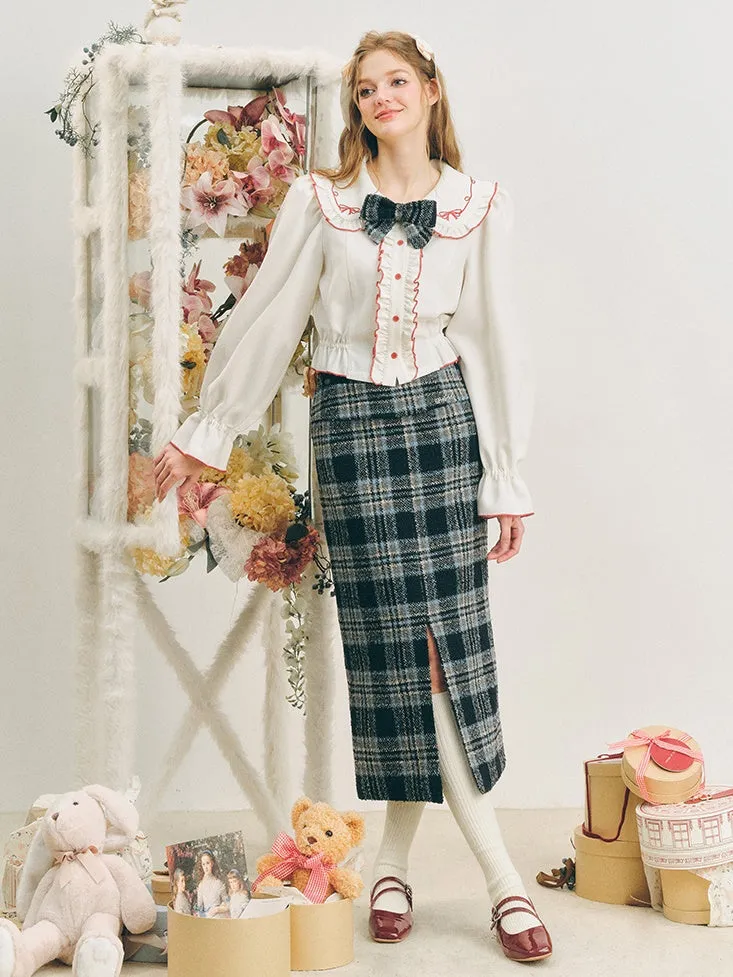 Checked I-Line Slit Mid-Length Skirt & Ribbon