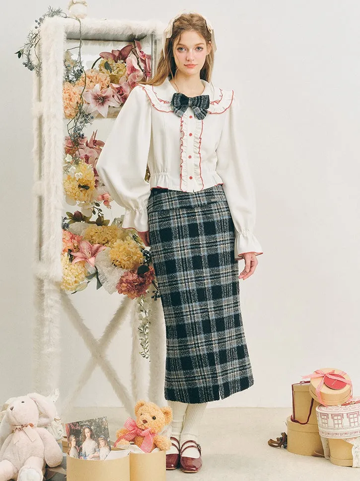 Checked I-Line Slit Mid-Length Skirt & Ribbon