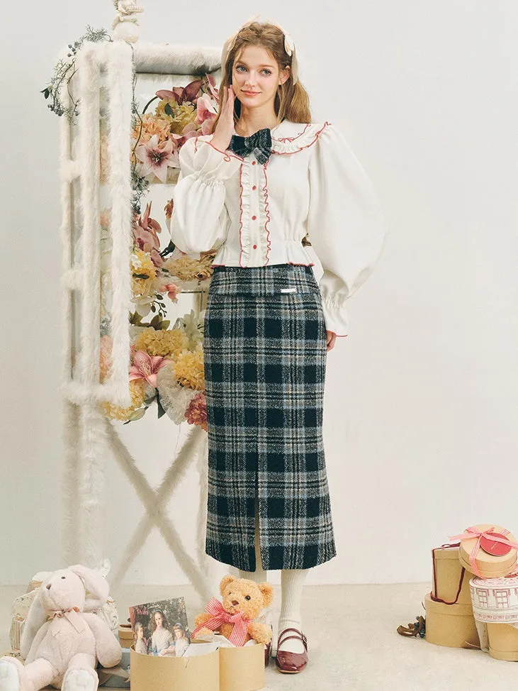Checked I-Line Slit Mid-Length Skirt & Ribbon