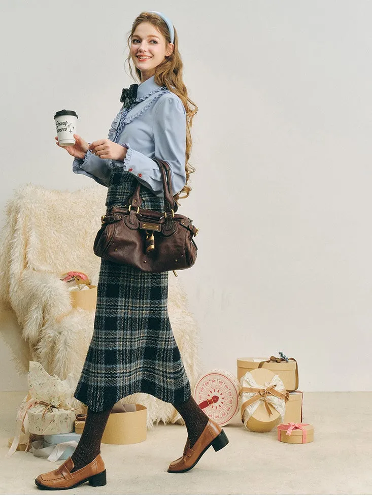 Checked I-Line Slit Mid-Length Skirt & Ribbon