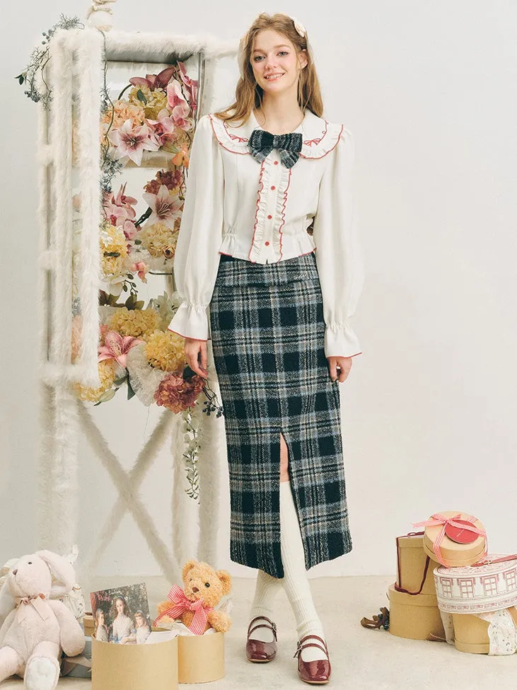 Checked I-Line Slit Mid-Length Skirt & Ribbon