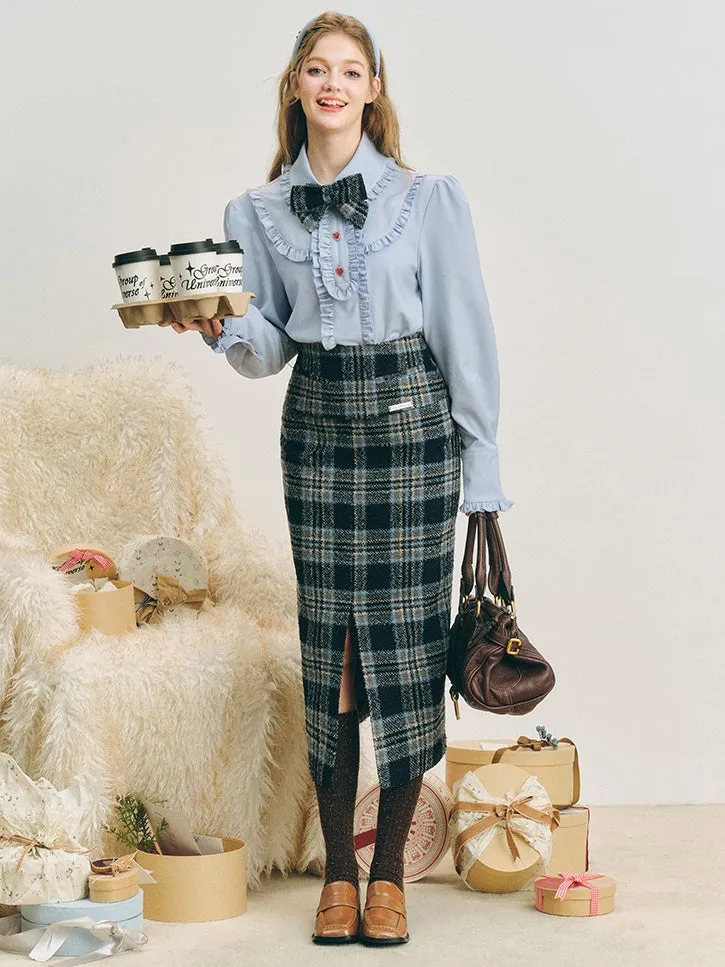 Checked I-Line Slit Mid-Length Skirt & Ribbon