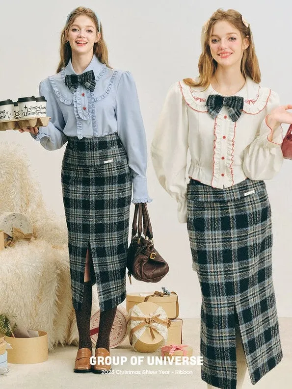Checked I-Line Slit Mid-Length Skirt & Ribbon