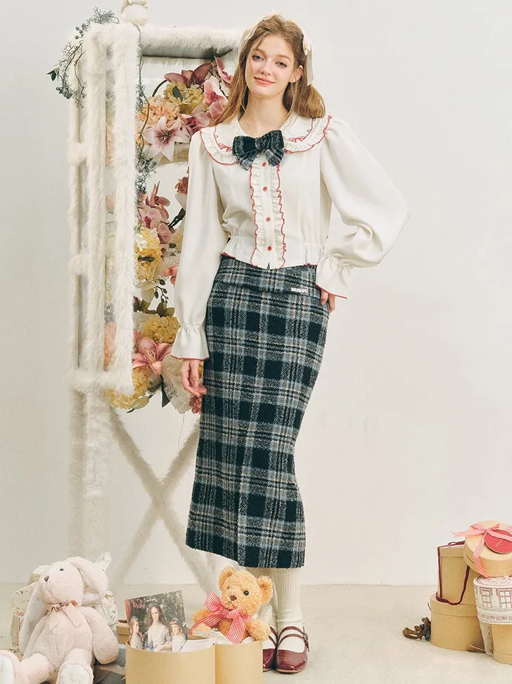 Checked I-Line Slit Mid-Length Skirt & Ribbon