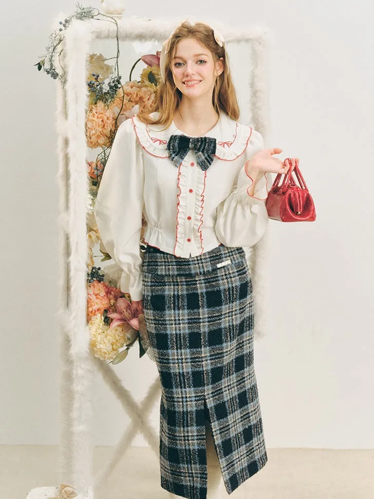 Checked I-Line Slit Mid-Length Skirt & Ribbon