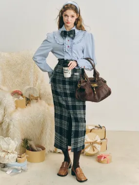 Checked I-Line Slit Mid-Length Skirt & Ribbon