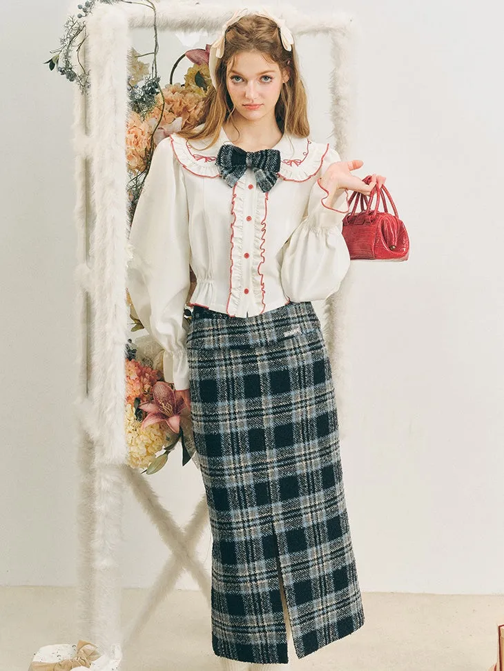 Checked I-Line Slit Mid-Length Skirt & Ribbon