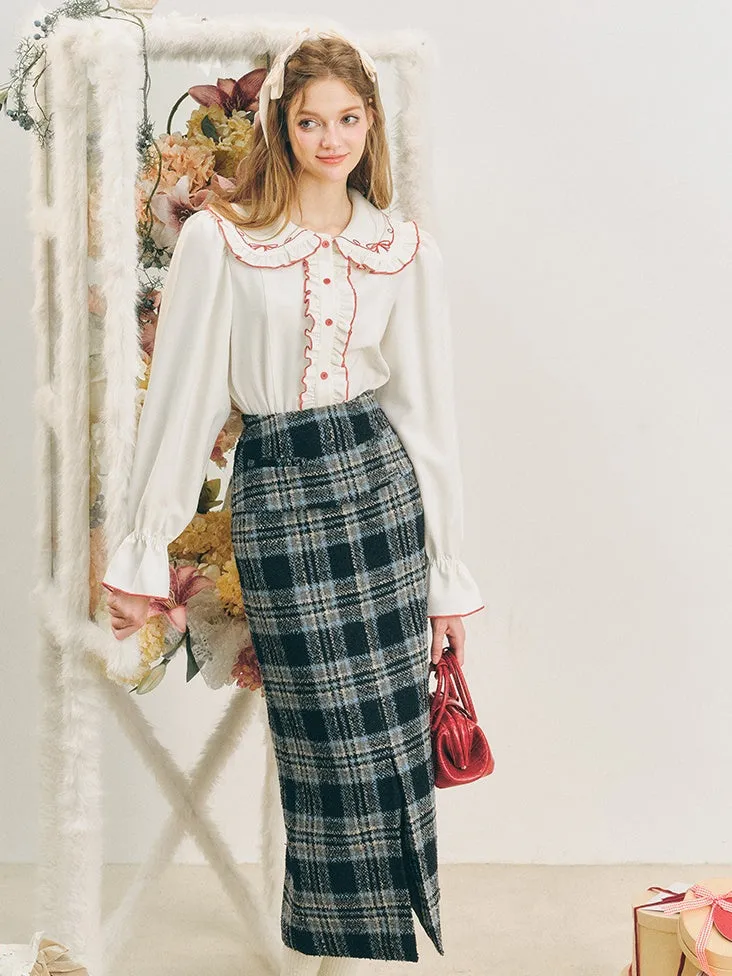 Checked I-Line Slit Mid-Length Skirt & Ribbon