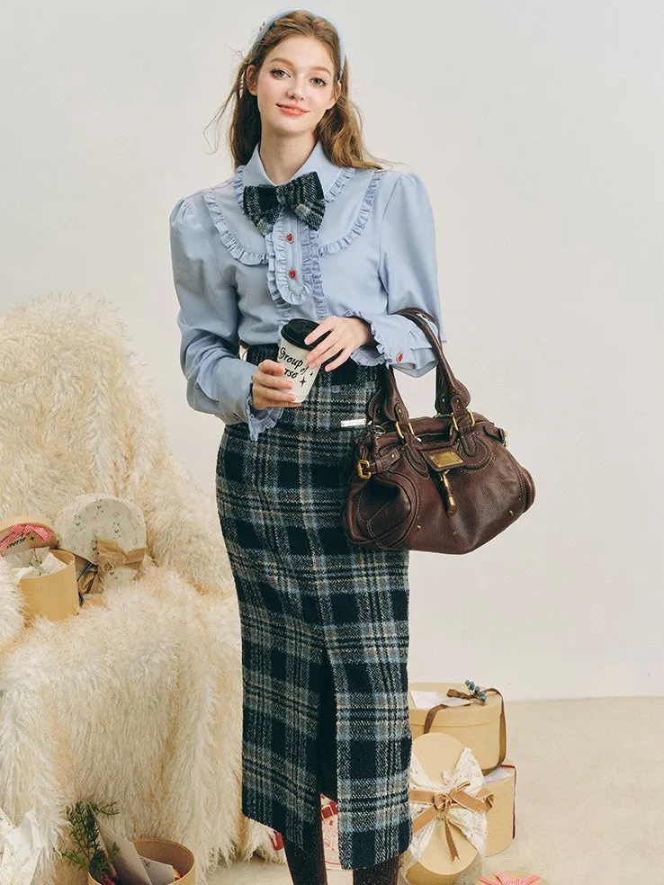 Checked I-Line Slit Mid-Length Skirt & Ribbon