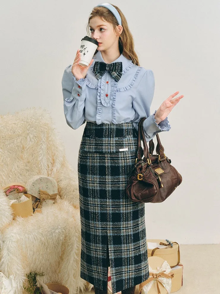 Checked I-Line Slit Mid-Length Skirt & Ribbon