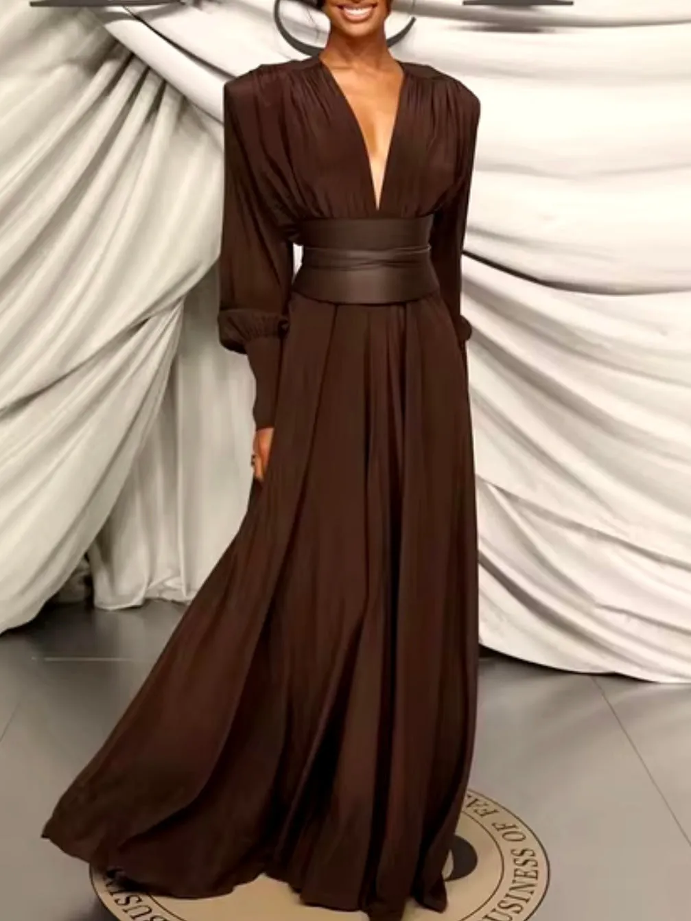 Dark brown pleated boho maxi dress