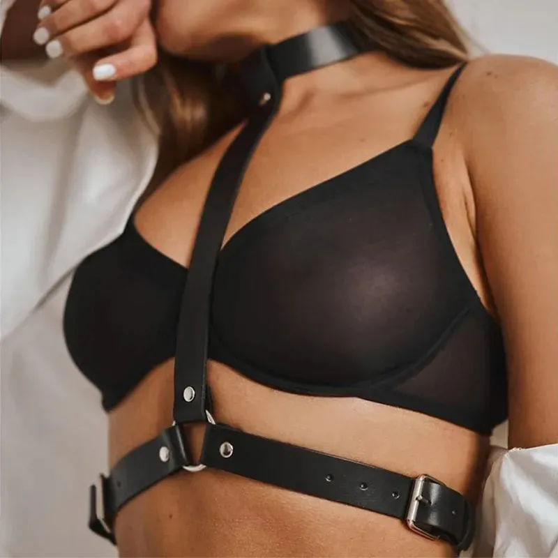 Erotic  PU Leather Harness Bra Set BDSM Bondage Garters - several options