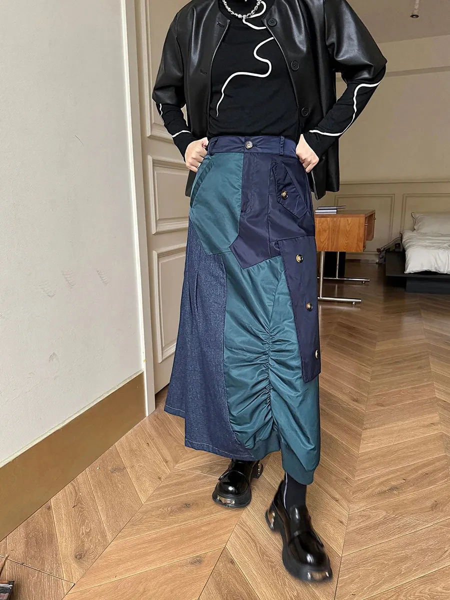 Hit Color Patchwork Raw Denim Skirt For Women High Waist Spliced Button High Street Fashion Skirt Female New Autumn