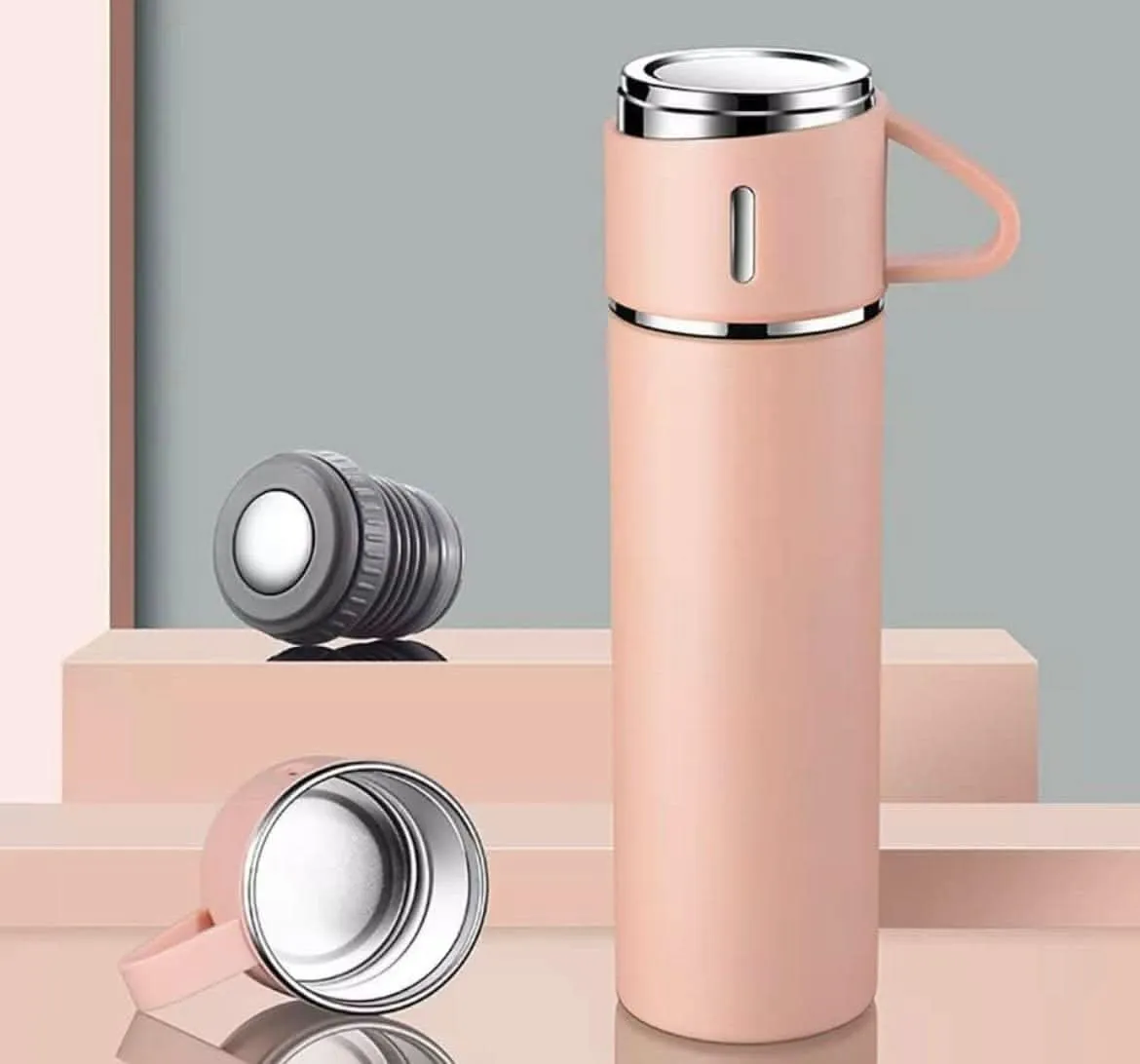 Insulated Double Wall Stainless Steel Tea & Coffee Flask With 3 Cups, Hot & Cold Thermal Bottle (BLACK Color)