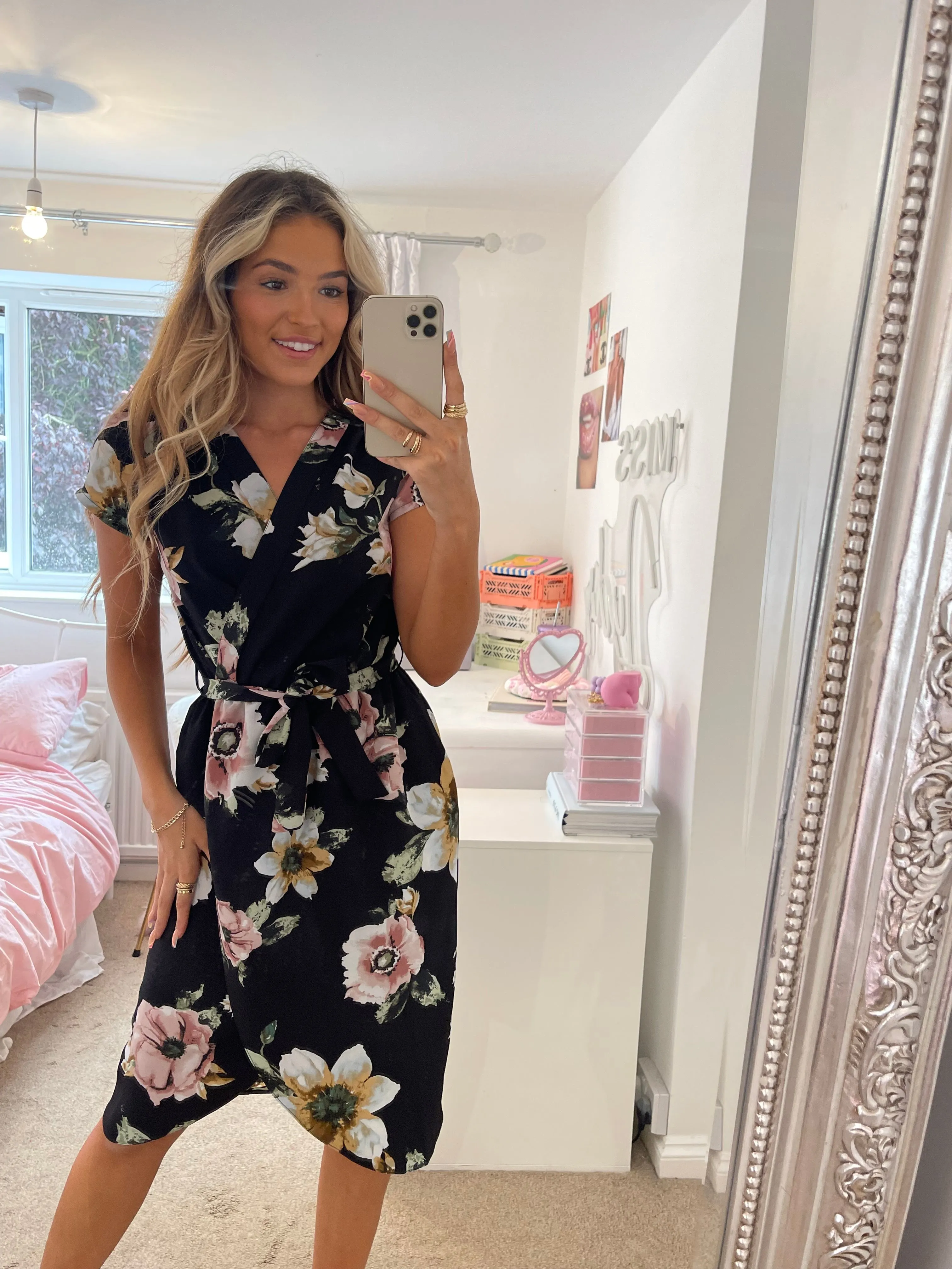 Japan Black Floral Summer Wrap Style Midi Dress