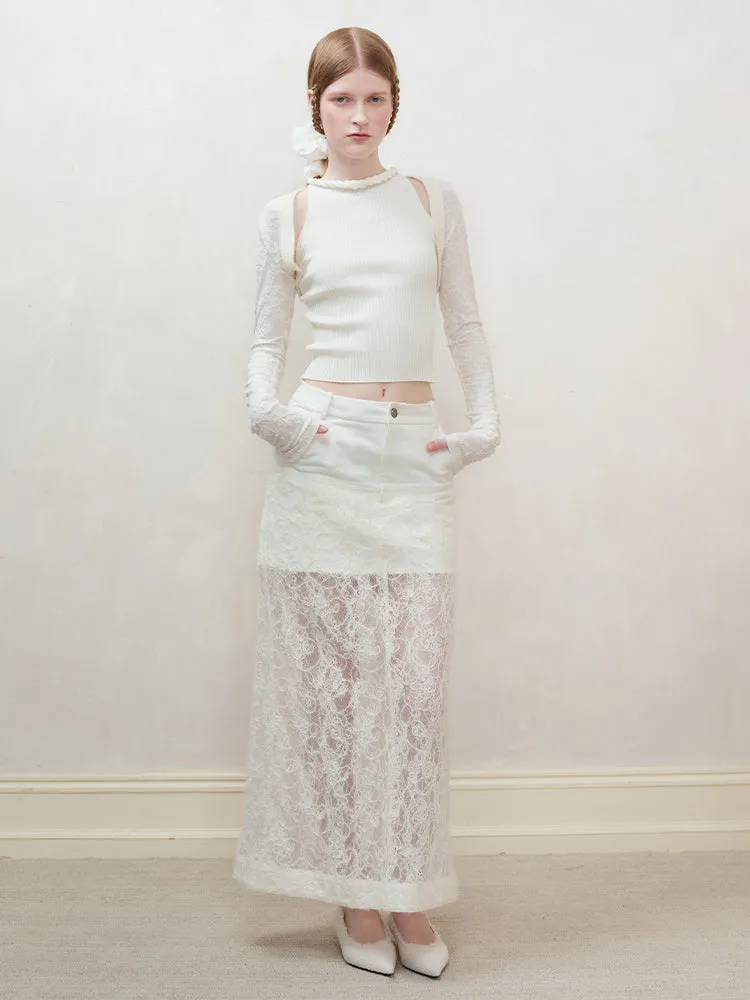 Lace H-Line Sheer Flower Embroidery Feminine Long-Skirt
