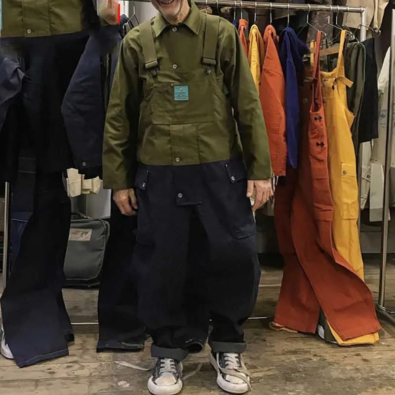 Man Fall Outfits Cargo Pants One-Piece Loose Strap Denim Trousers Color Matching Working Bib Top Pants Men and Women