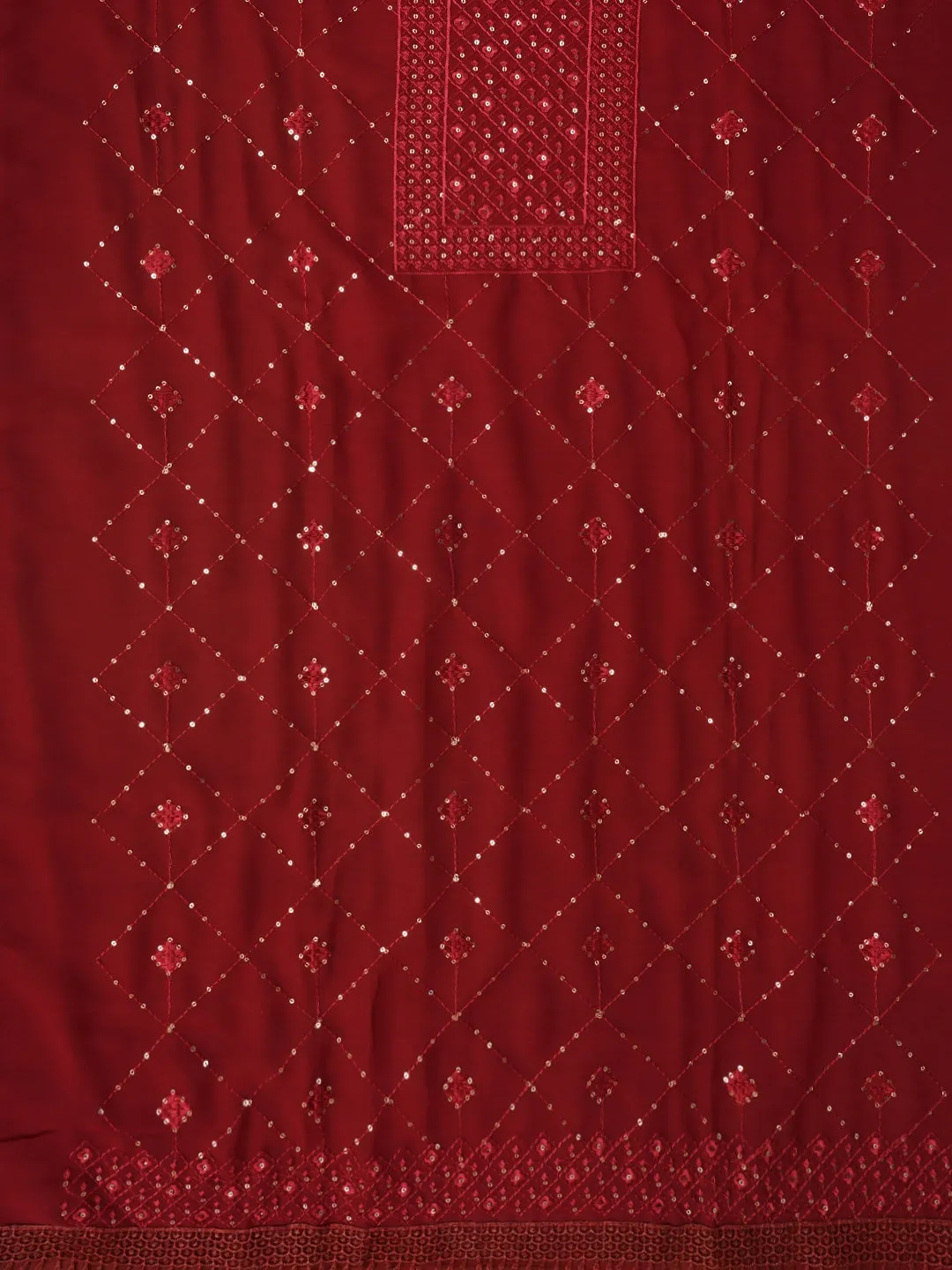 Maroon Embroidered Silk Georgette Dress Material with Dupatta