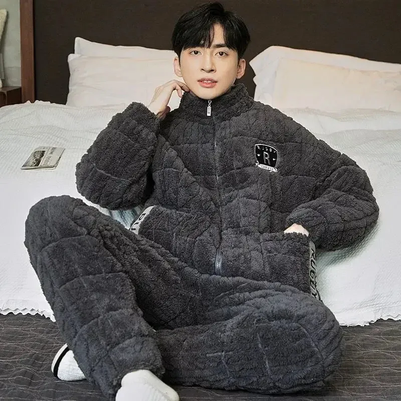 Men Pajamas Winter Coral Velvet Male 3-layer Cotton Padded Sleepwear Set Large Size Homewear Flannel Youth Warm Loungewear Suit