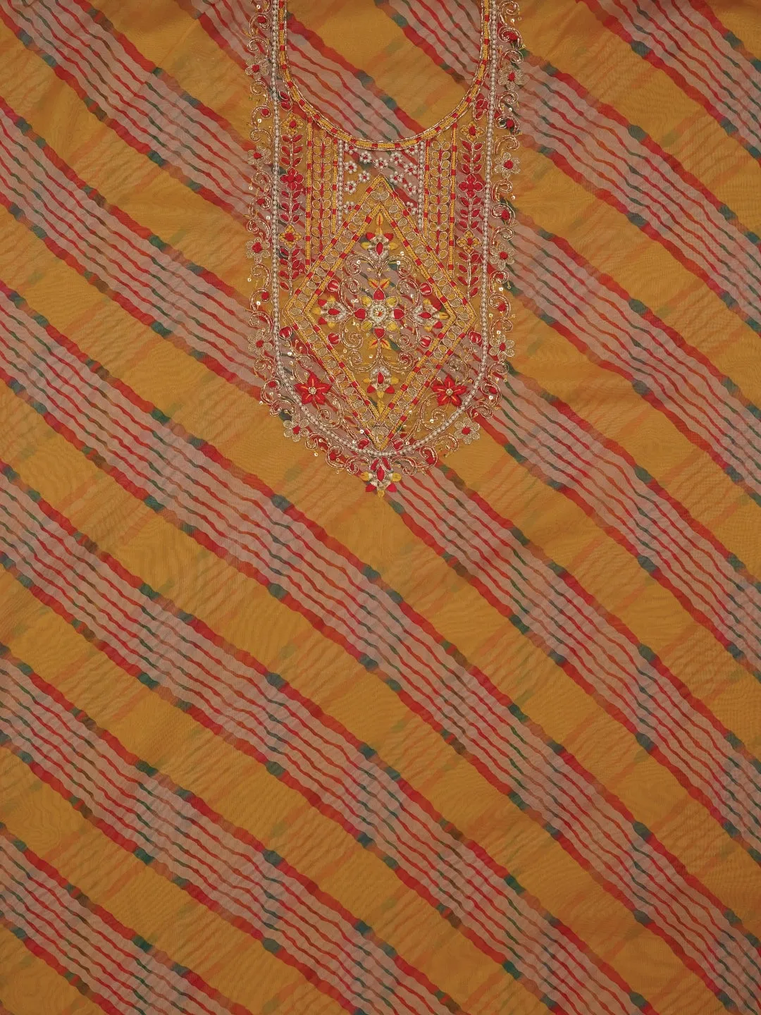 Mustard Leheriya Embroidered Dress Material with Dupatta