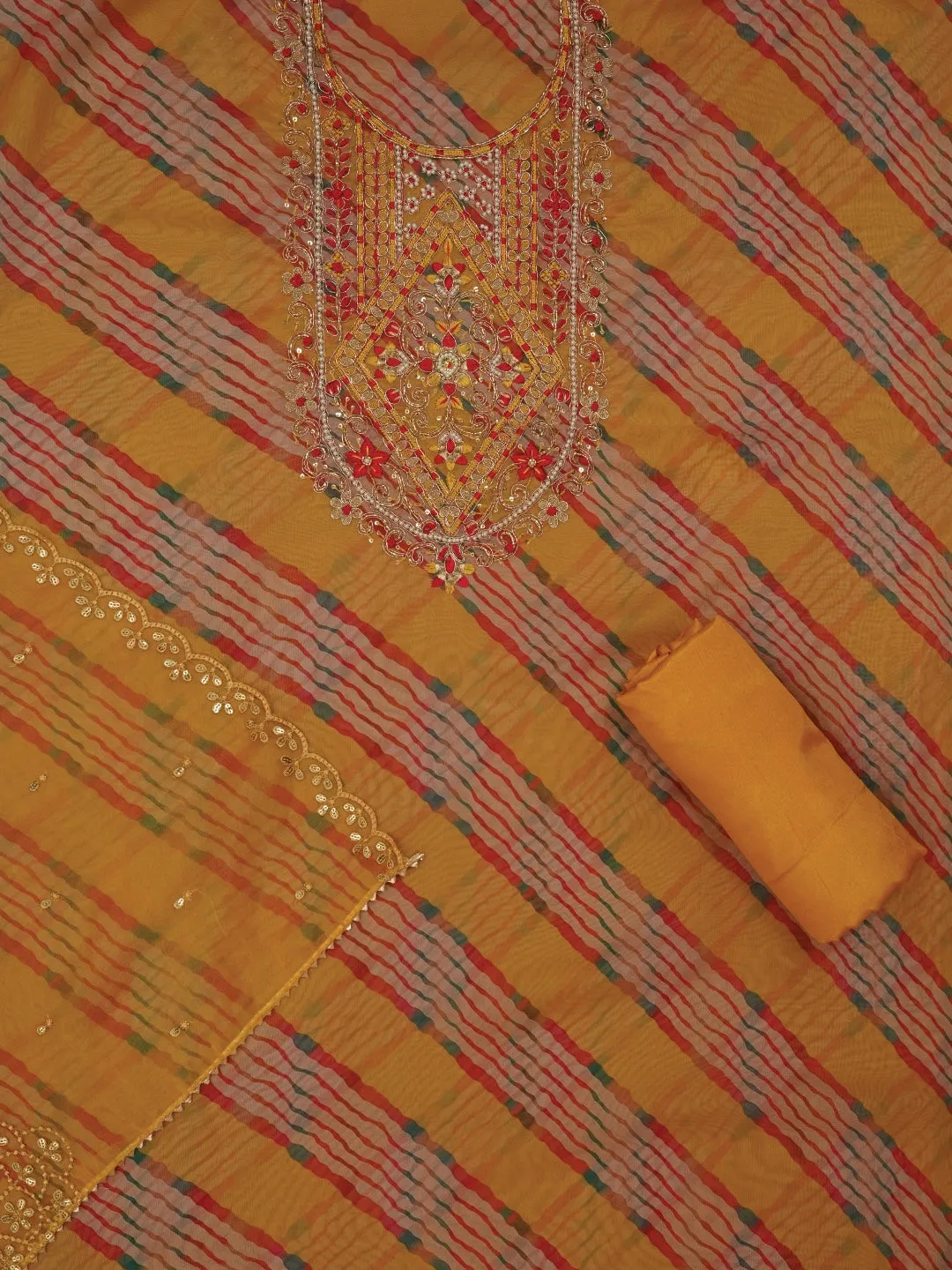 Mustard Leheriya Embroidered Dress Material with Dupatta