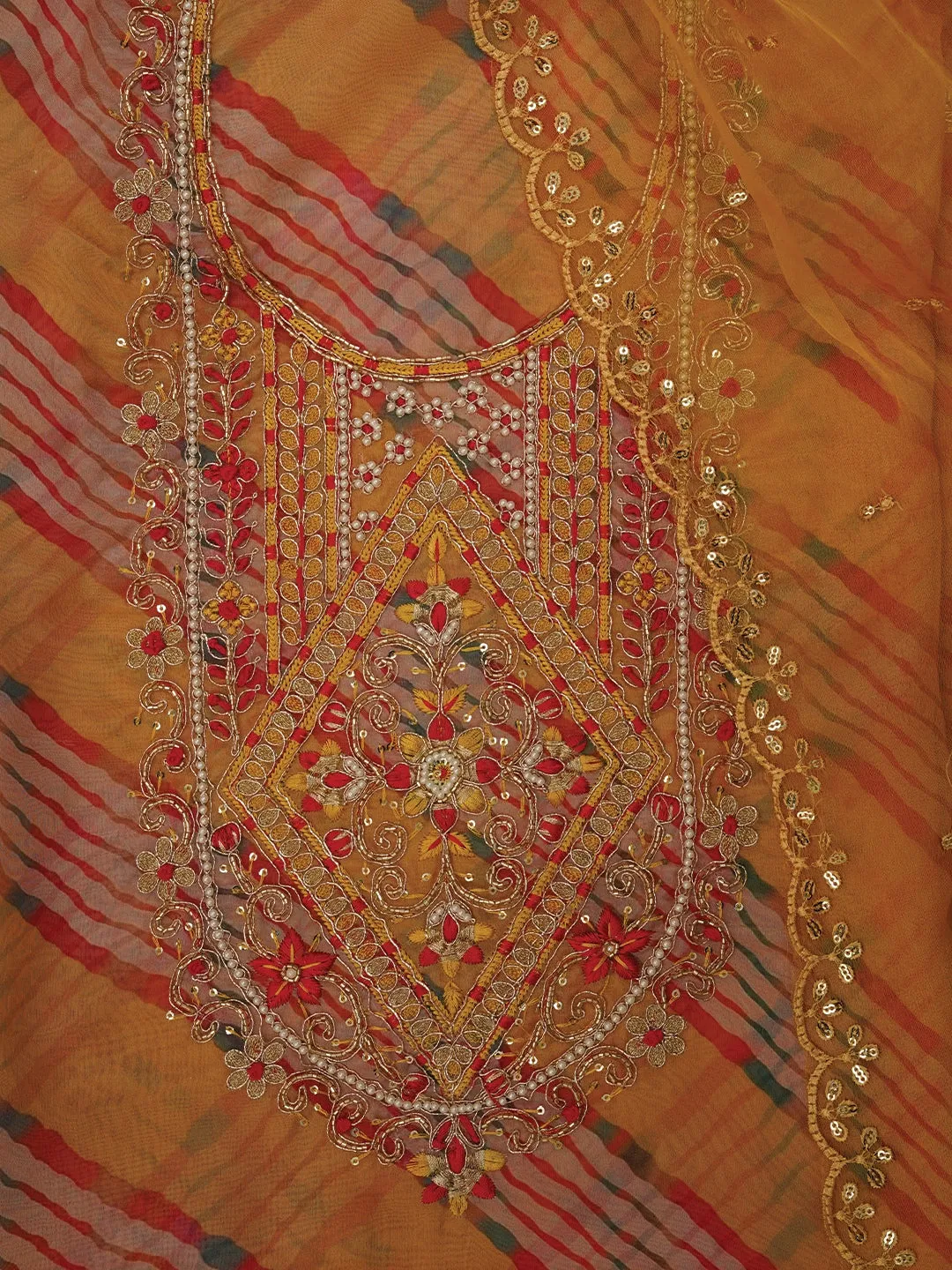 Mustard Leheriya Embroidered Dress Material with Dupatta