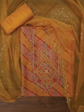 Mustard Leheriya Embroidered Dress Material with Dupatta