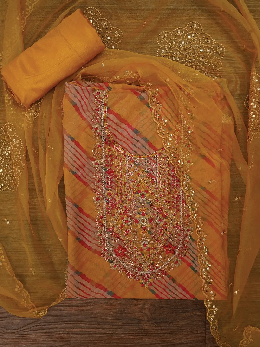 Mustard Leheriya Embroidered Dress Material with Dupatta
