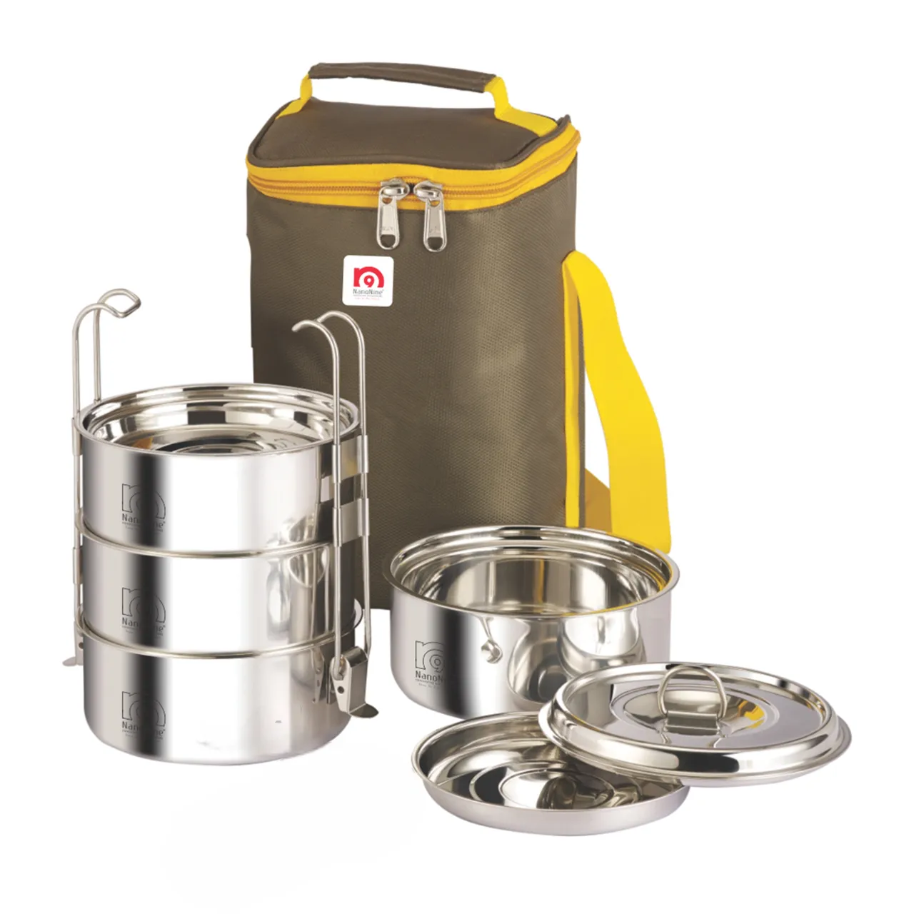 NanoNine Clip-On 350 ml X 4 Double Wall Insulated Stainless Steel Lunch Box with Bag.