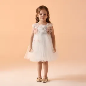 Off White Sleeveless Tulle Dress With Flowers