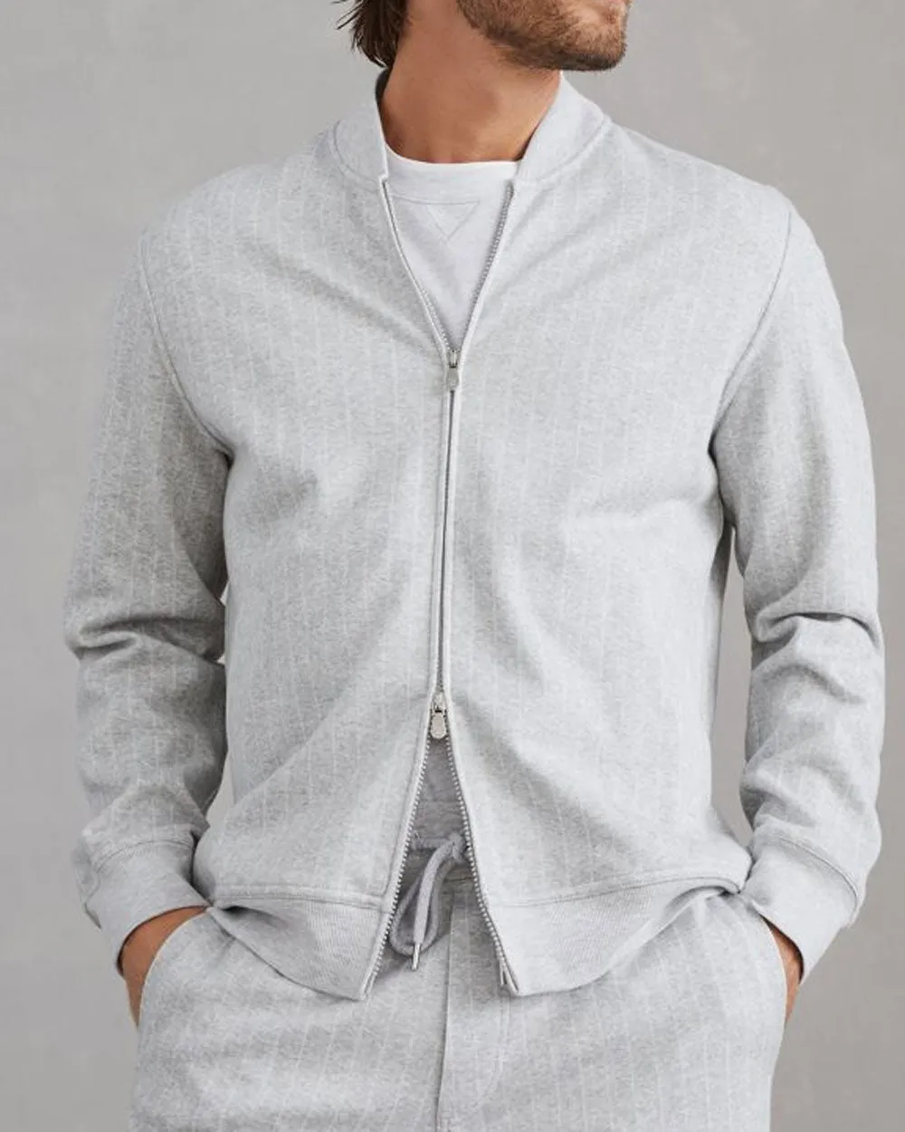 Pearl Grey Pinstripe Zip Jacket
