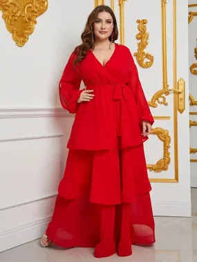 Plus Ruffle Layered Chiffon Belted Maxi Dress