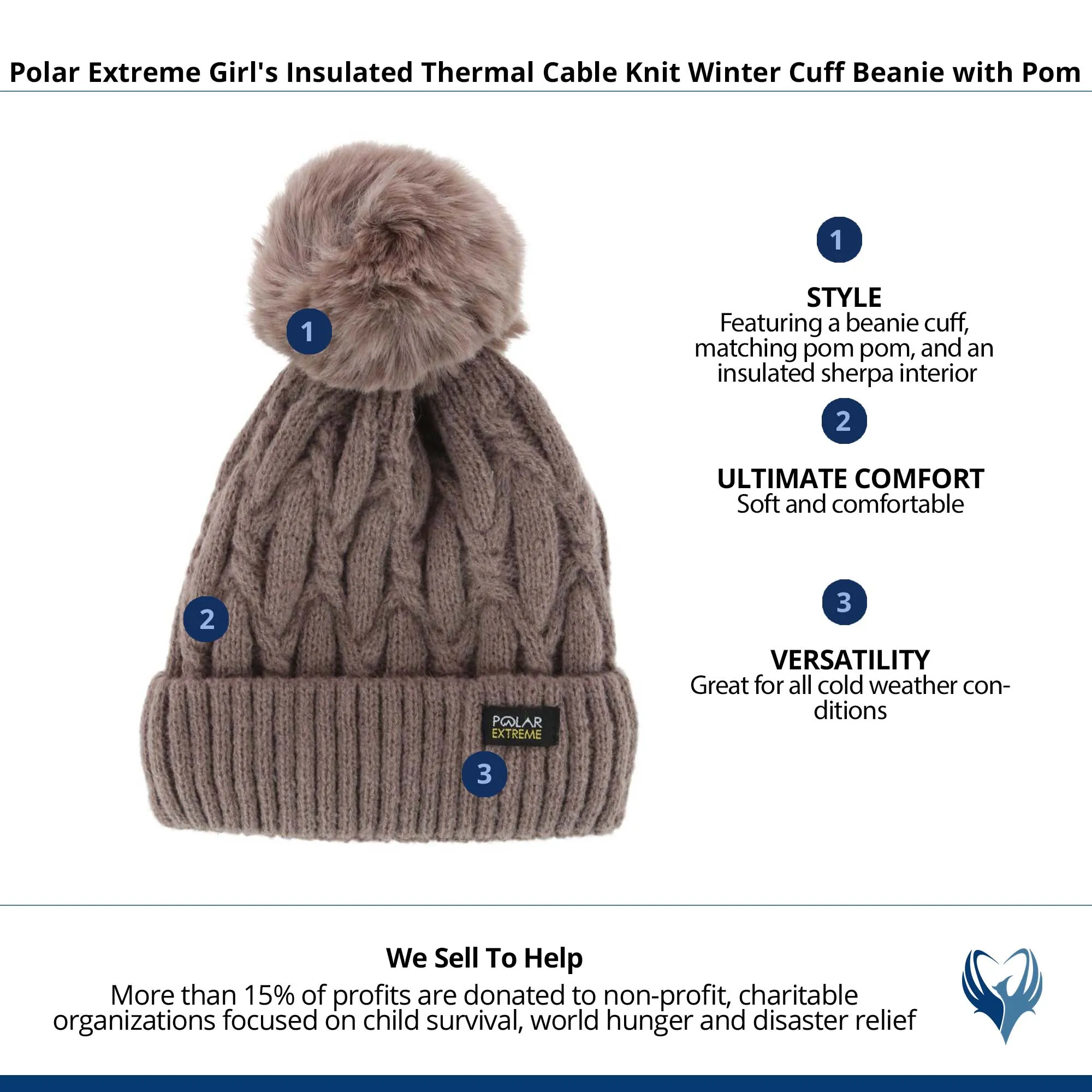 Polar Extreme Girl's Insulated Thermal Cable Knit Winter Cuff Beanie with Pom