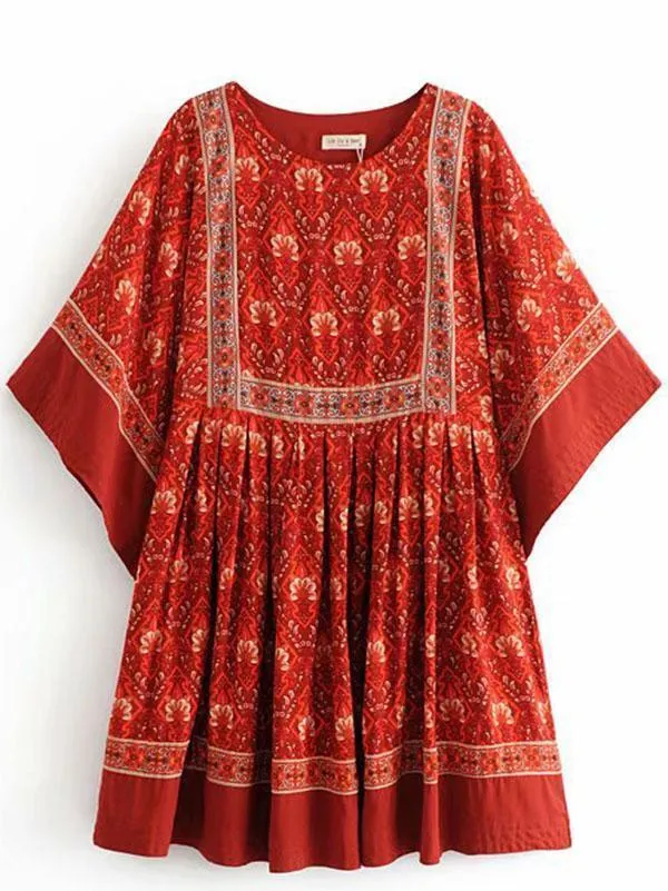 Red Bohemian Floral Tunic Dress