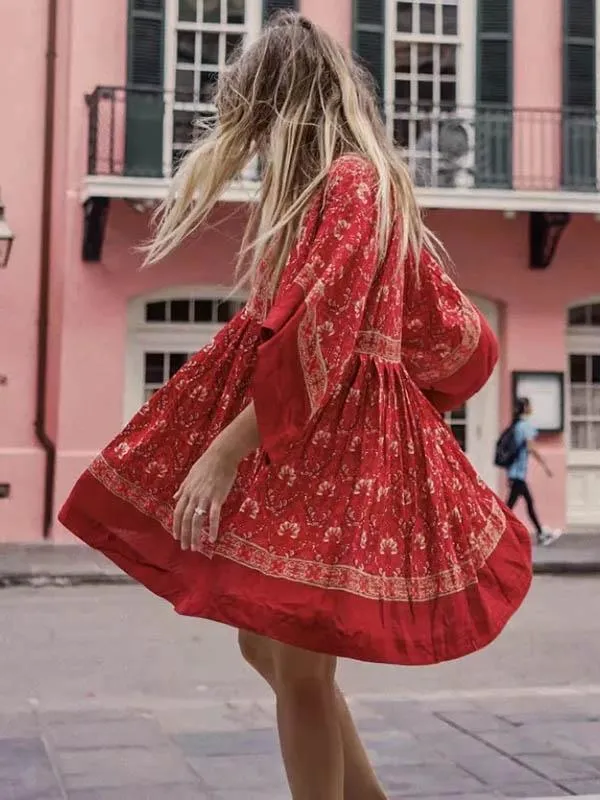 Red Bohemian Floral Tunic Dress