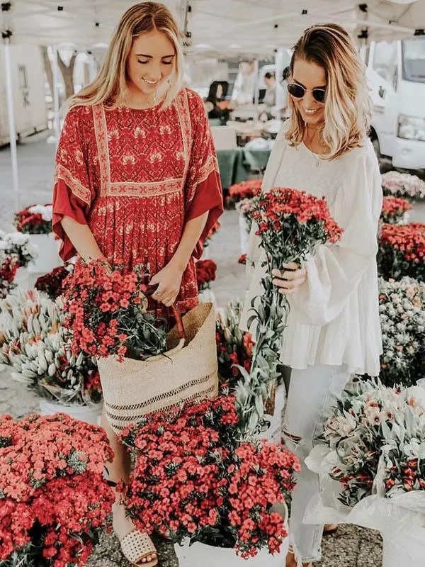 Red Bohemian Floral Tunic Dress